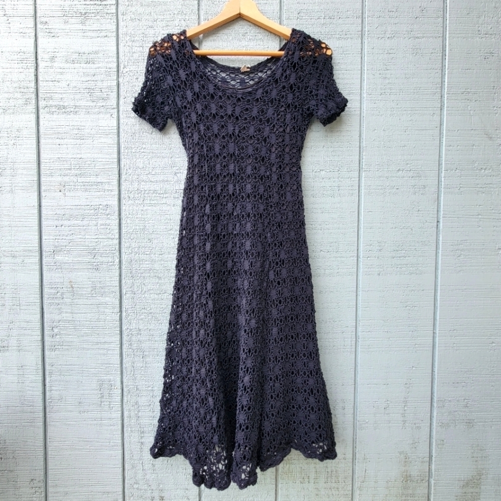 80s 90s Fit Flare Midi Maxi Cotton Lace Stretch Dress size S Washed Out Black